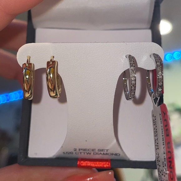 Mined White Diamond 14K Gold Over Silver Sterling 2 Pair Earring Set - Picture 1 of 5